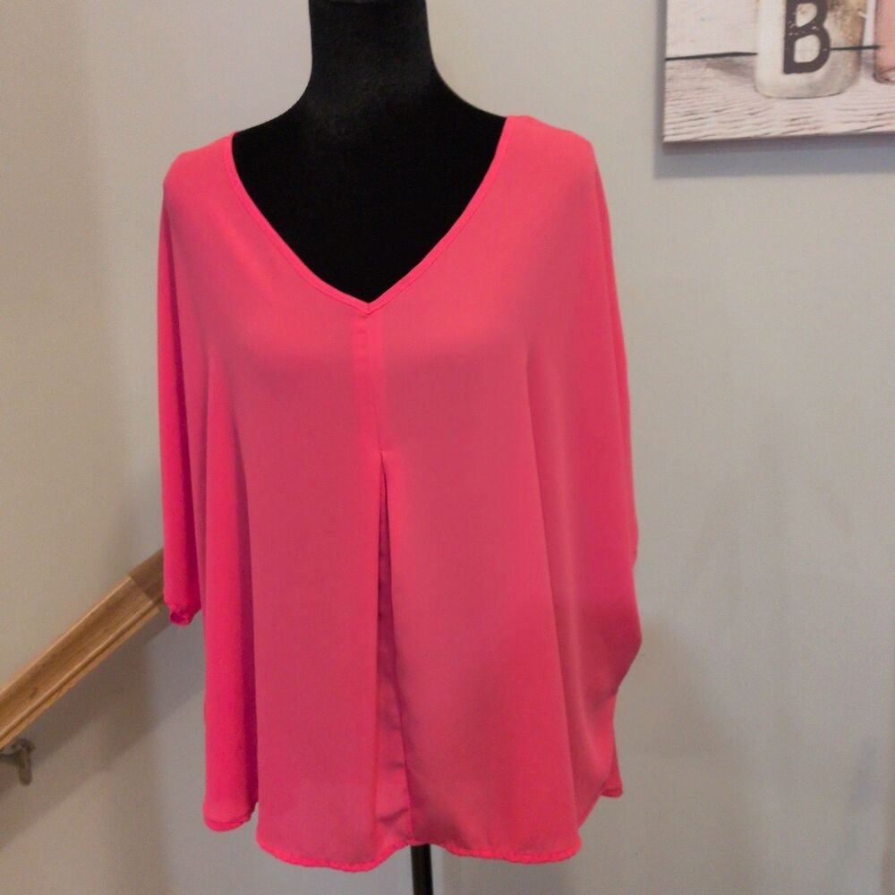 Bobeau Coral Pink V-Neck Poncho Blouse Draped Pleat Front Top Size S